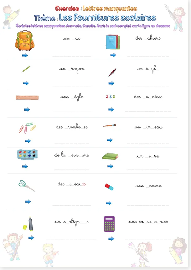 Preview of the French missing letters school supplies cursive worksheet