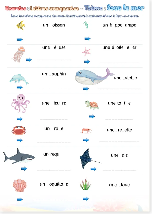 Preview of the French missing letters under the sea script worksheet