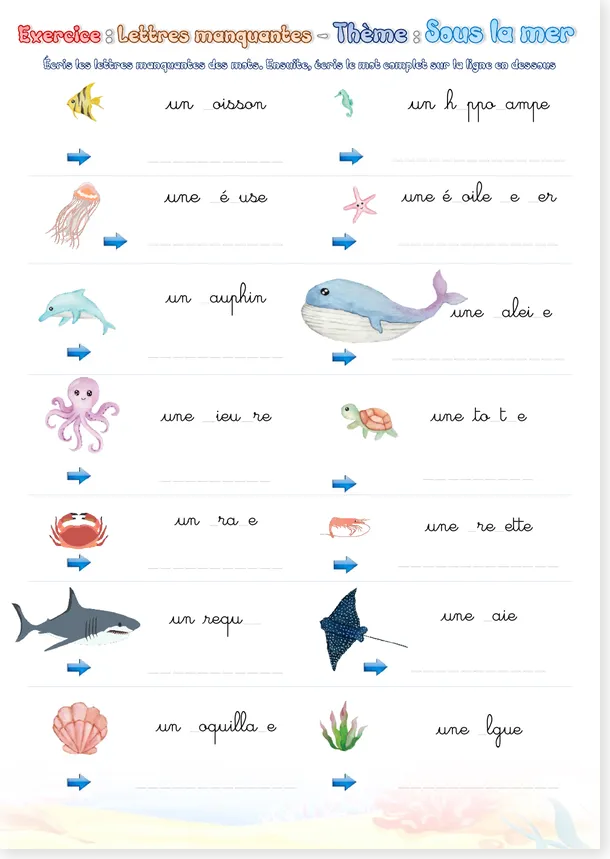 Preview of the French missing letters under the sea cursive worksheet