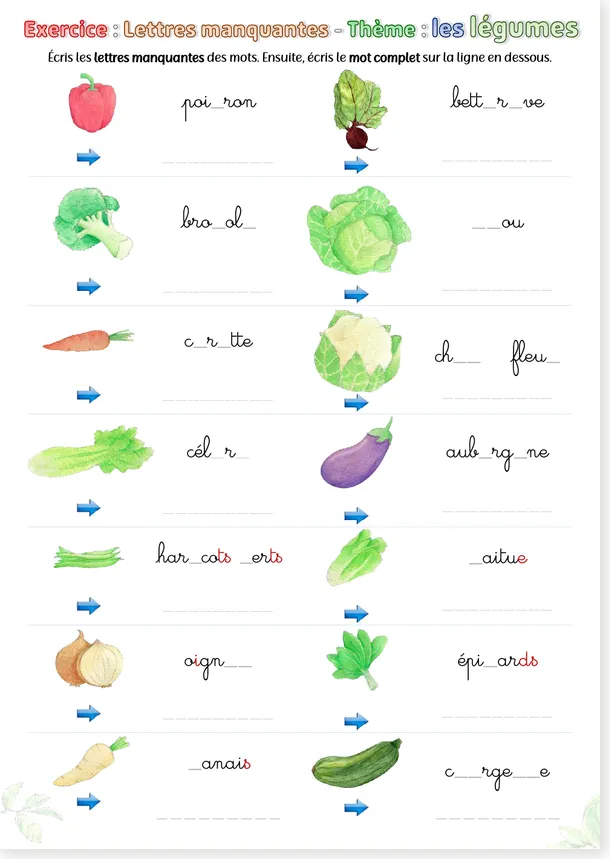 Preview of the French missing letters vegetables cursive worksheet