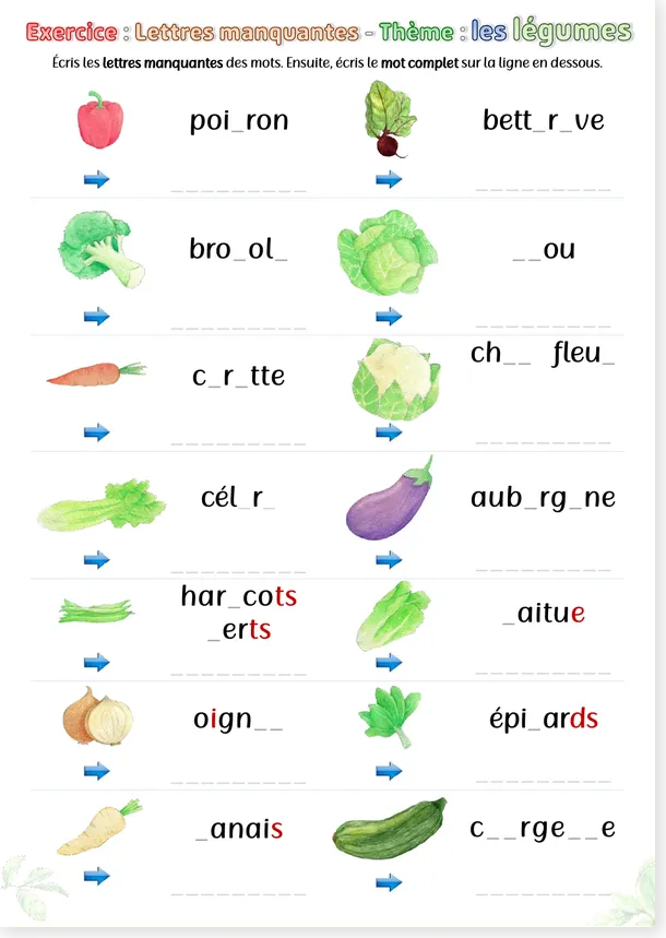 Preview of the French missing letters vegetables script worksheet