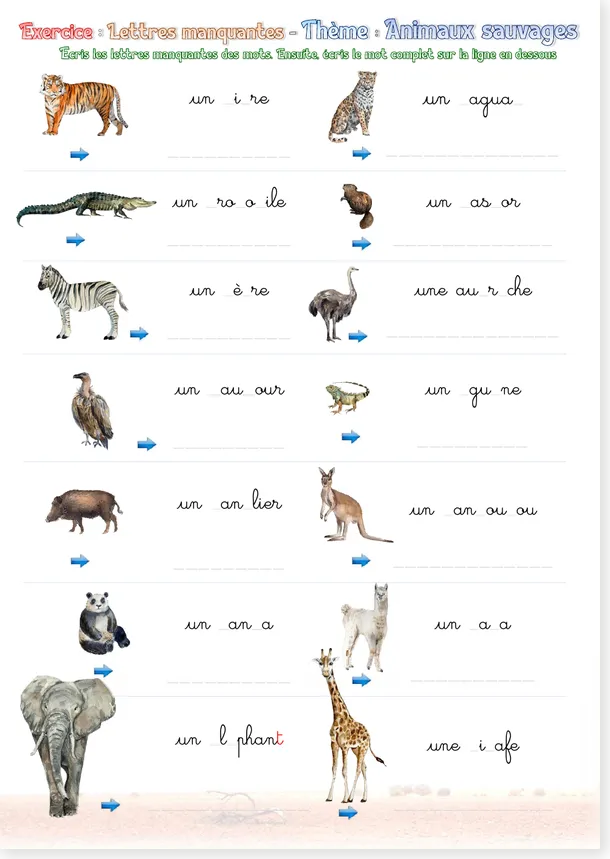Preview of the French missing letters wild animals cursive worksheet
