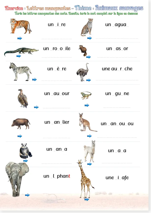 Preview of the French missing letters wild animals script worksheet