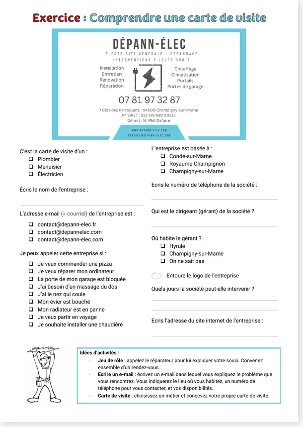 Ink-saving French reading comprehension worksheet about an electrician's business card