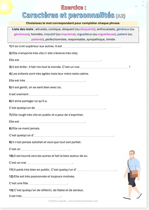 Preview of the short French character traits exercise