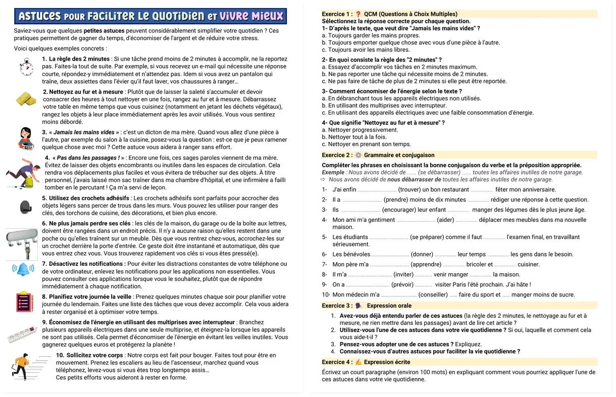 Read more about the article French Life Hacks Worksheet – Reading and 4 Activities