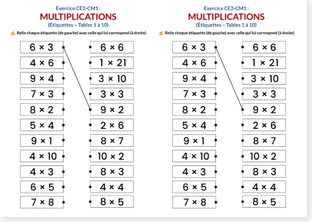 French multiplication facts matching worksheet two per page preview
