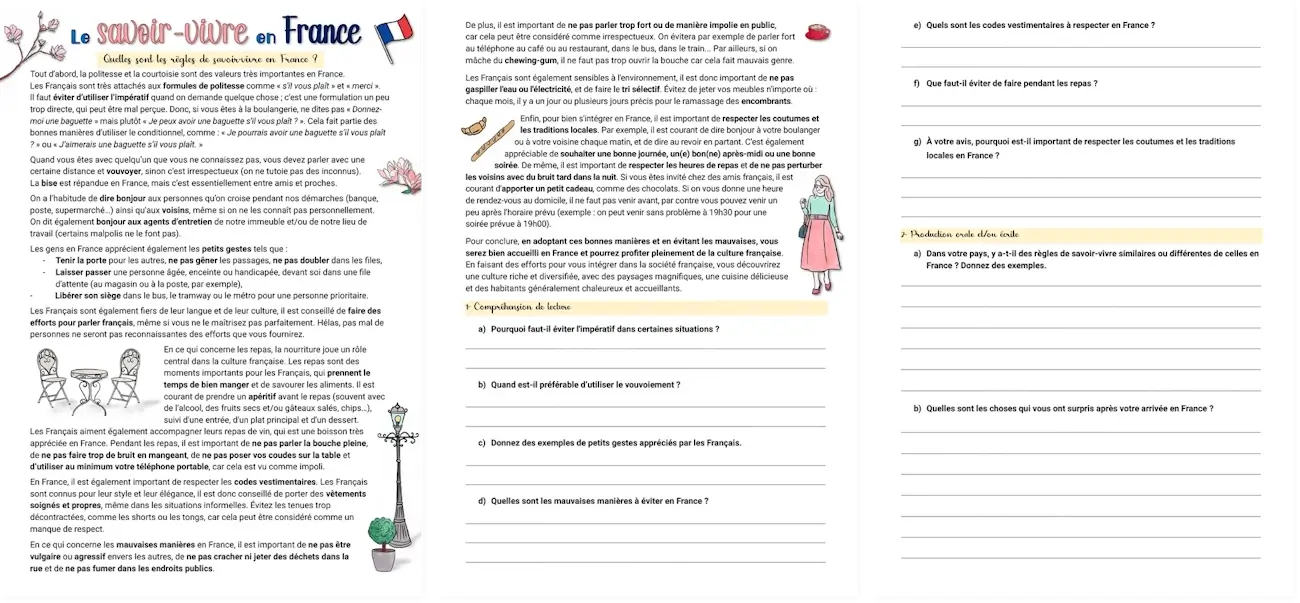 French reading comprehension worksheet on savoir-vivre and etiquette in France
