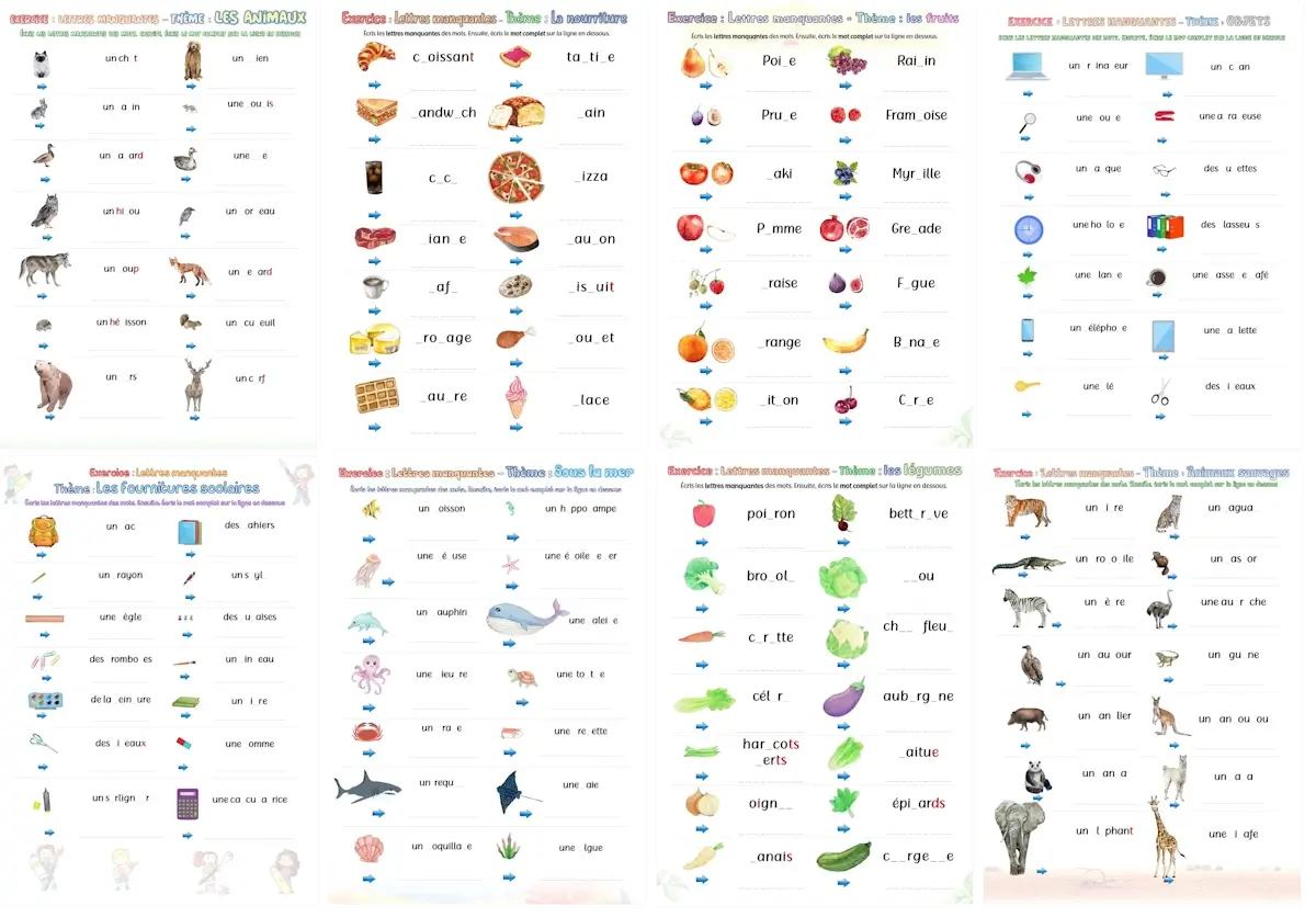 Horizontal preview of 8 French missing letters worksheets