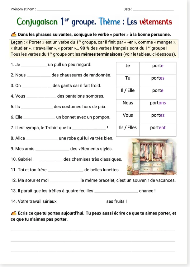 Verb porter and clothing worksheet preview