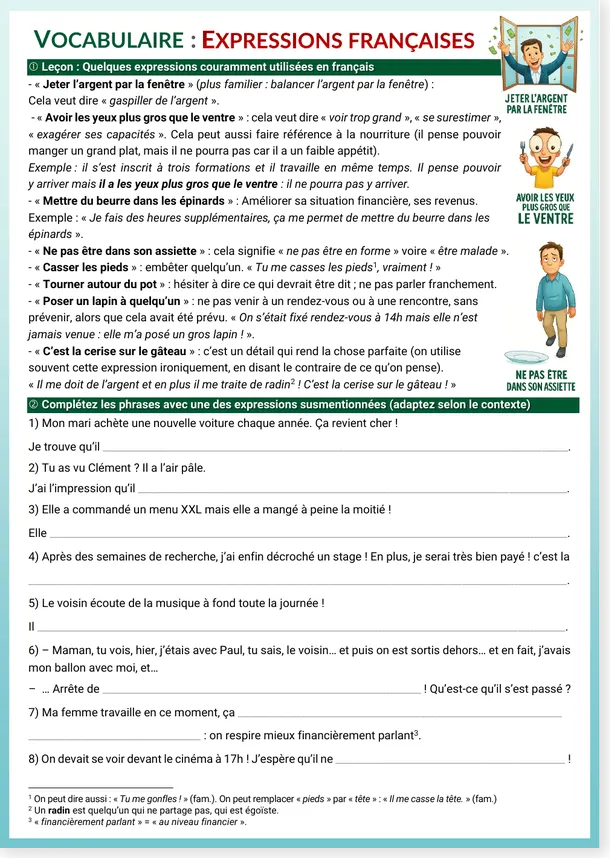 French idiomatic expressions worksheet preview