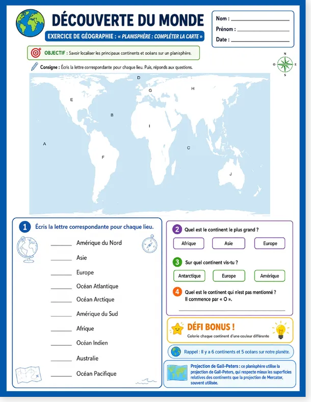 Preview of the French world map worksheet