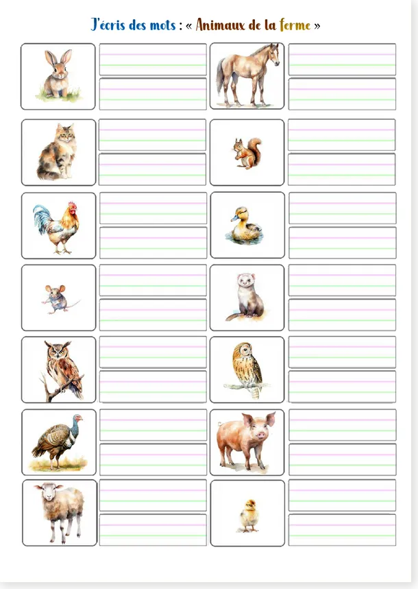French farm animals write the words worksheet preview