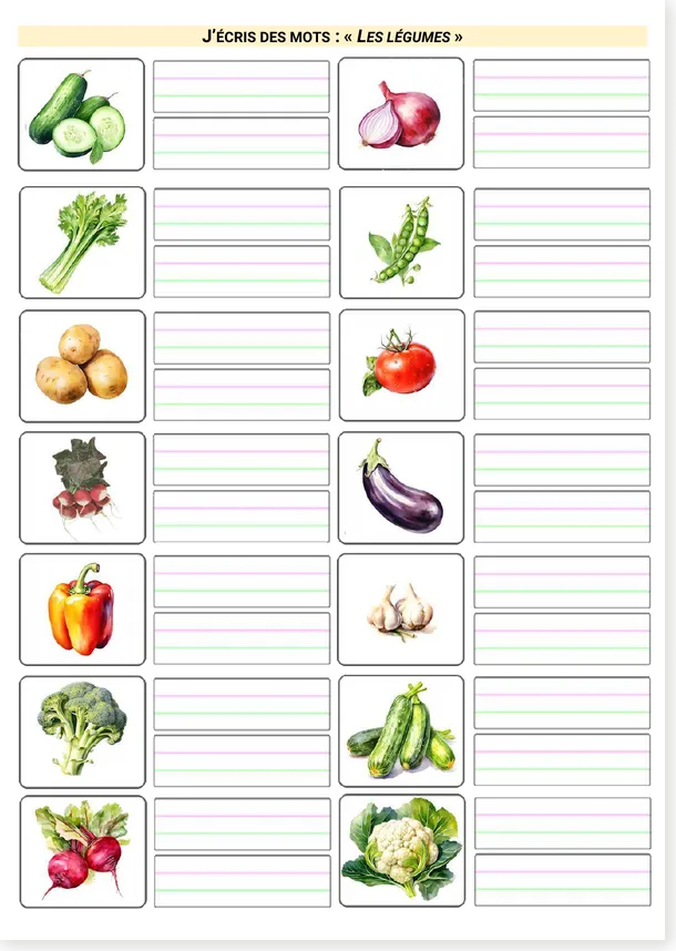 French vegetables write the words worksheet preview