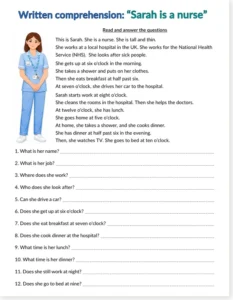Read more about the article Sarah Is a Nurse – English Reading Comprehension Worksheet