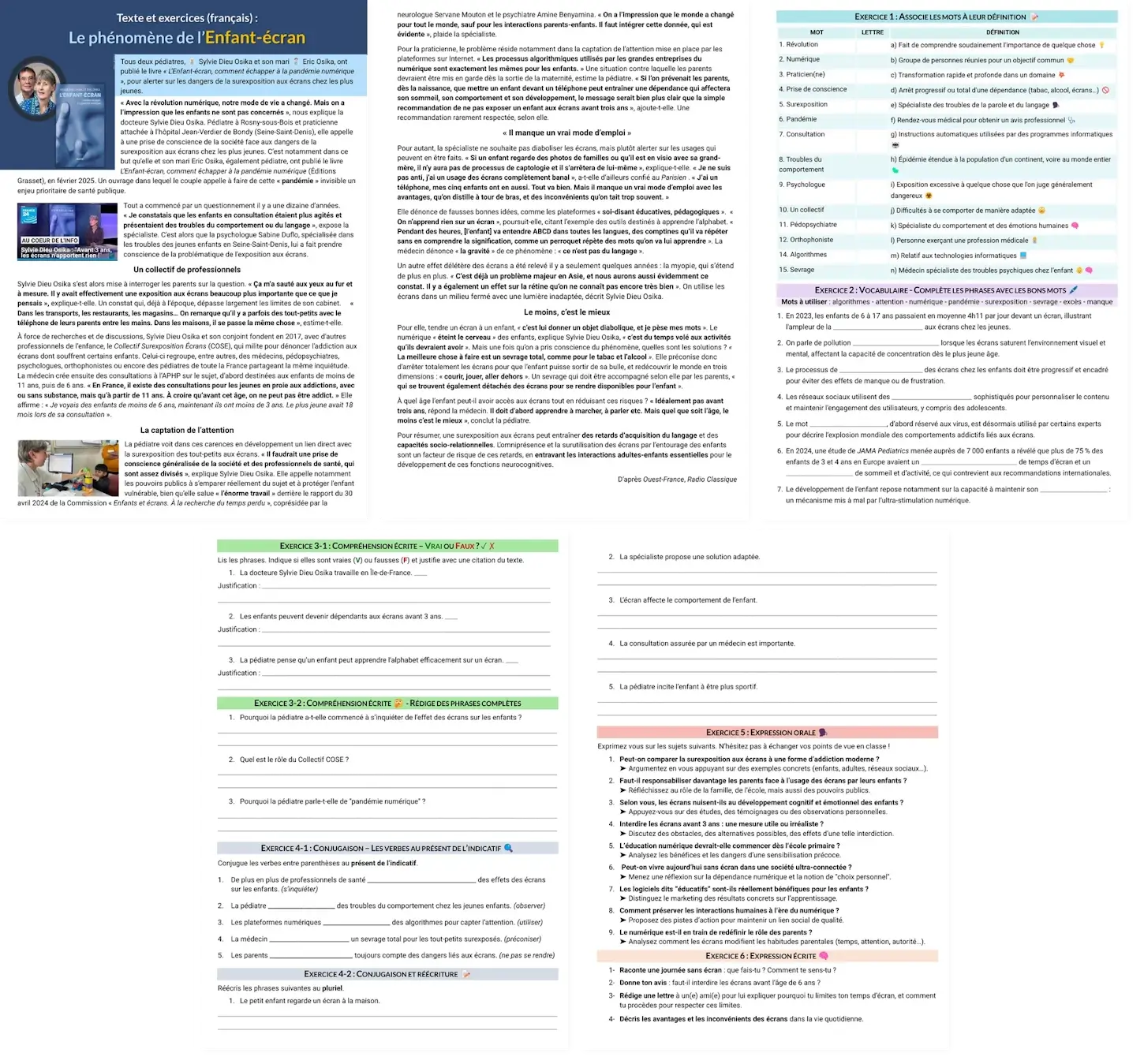 Five-page preview of the French B1-B2 worksheet about children and screens