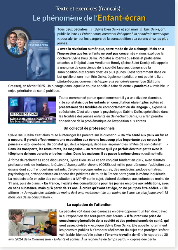 Read more about the article Children and Screens – French B1-B2 Reading Text and Exercises (with free PDF)