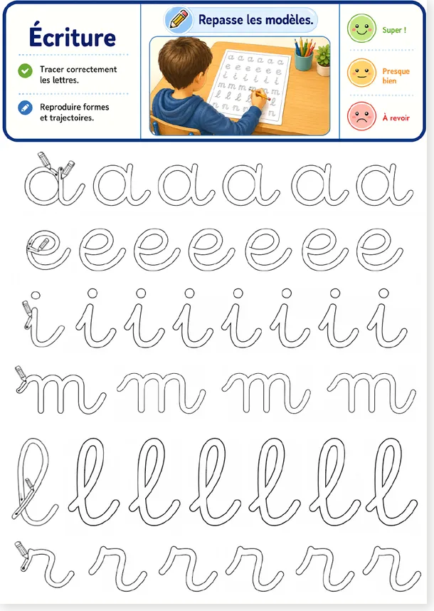 French cursive handwriting worksheet for teenagers and adults, page 1