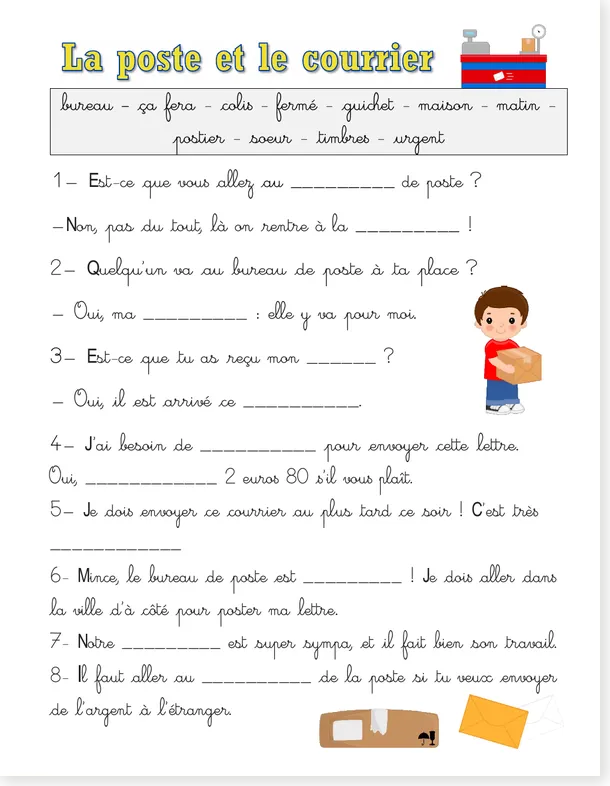 Preview of the French post office fill-in-the-blanks worksheet