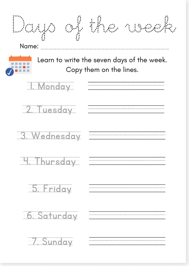 Days of the week copying worksheet