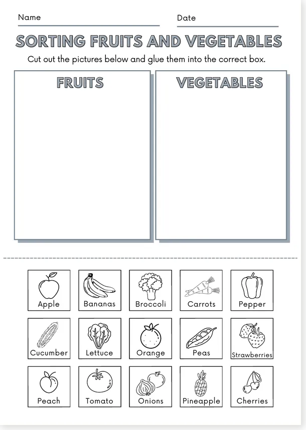 Black and white sorting fruits and vegetables worksheet preview