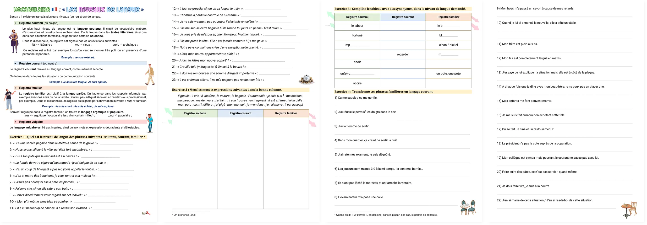 Preview of the full French worksheet on language registers: four pages with exercises and answer key