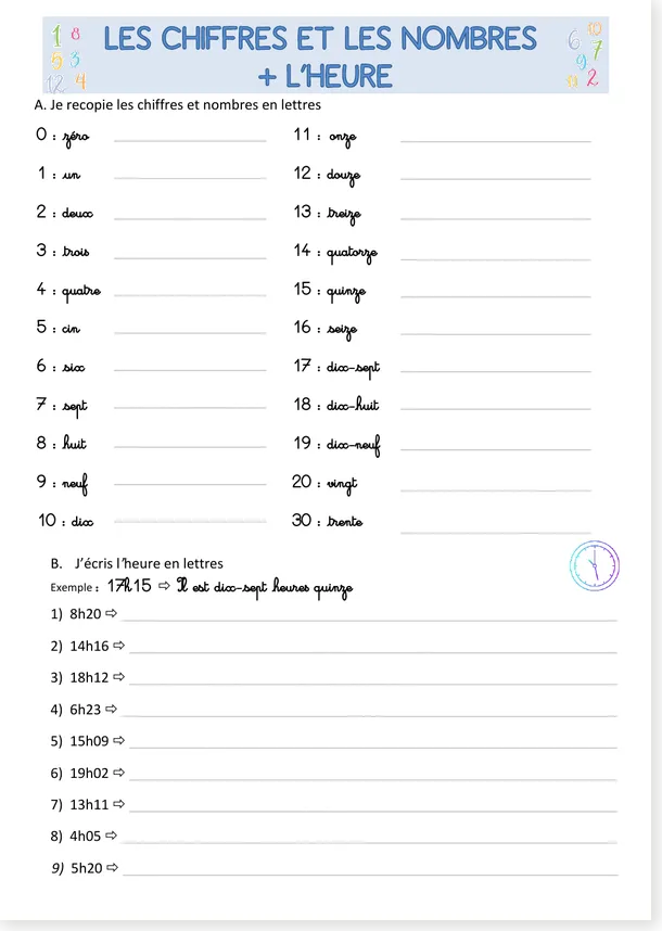 Preview of the old French numbers and time worksheet