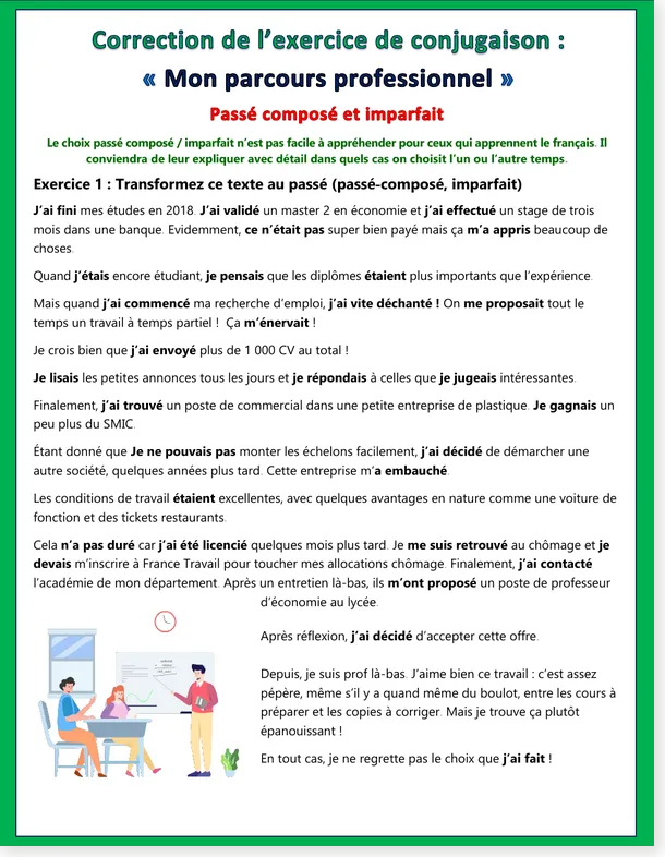 Preview of the answer key for the pass&eacute; compos&eacute; and imparfait worksheet