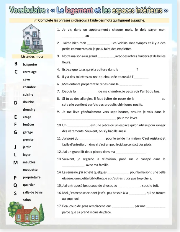 French housing vocabulary worksheet: 17 sentences to complete with the words of the home