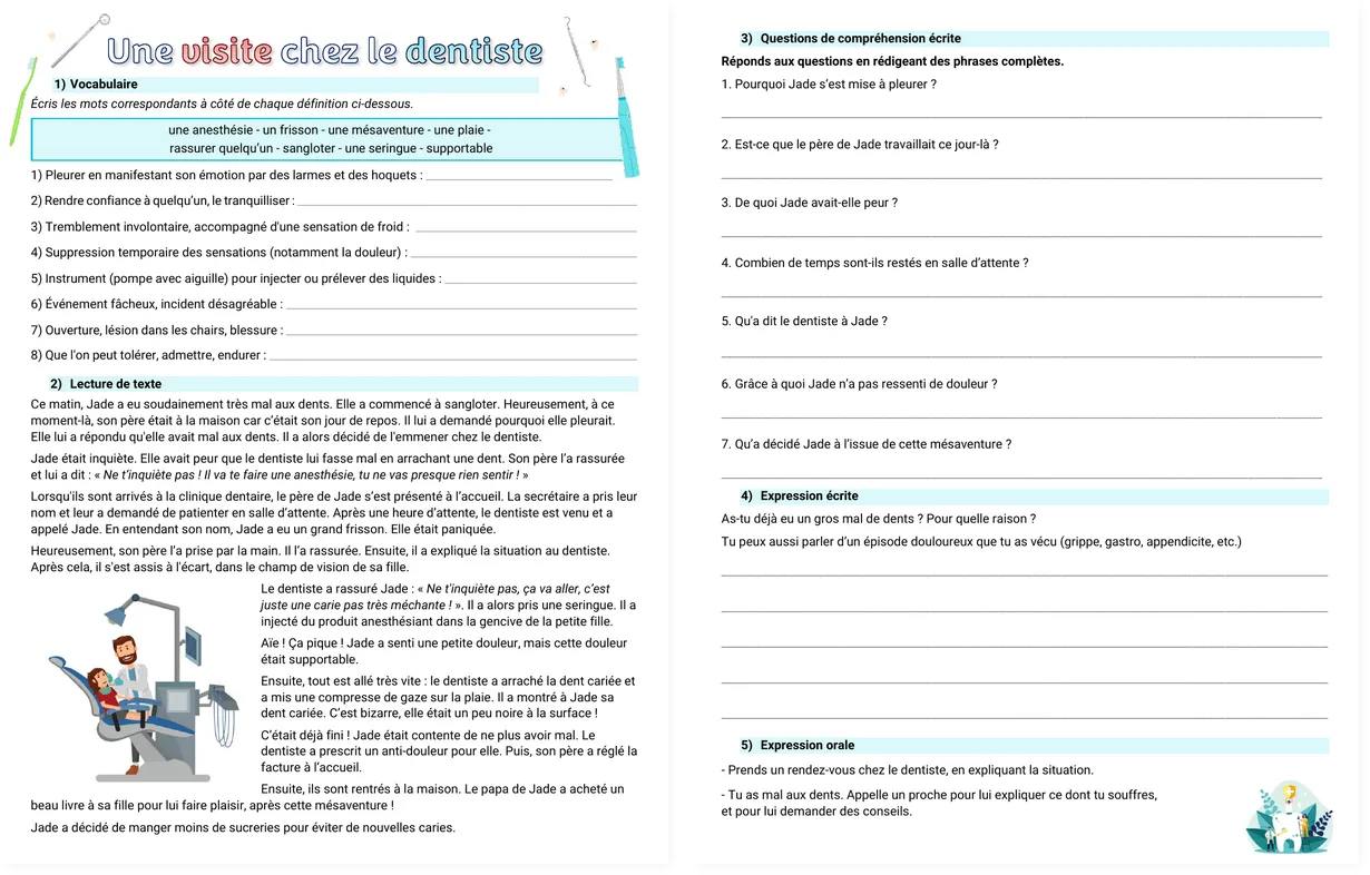 Preview of the French worksheet: a visit to the dentist, text and exercises