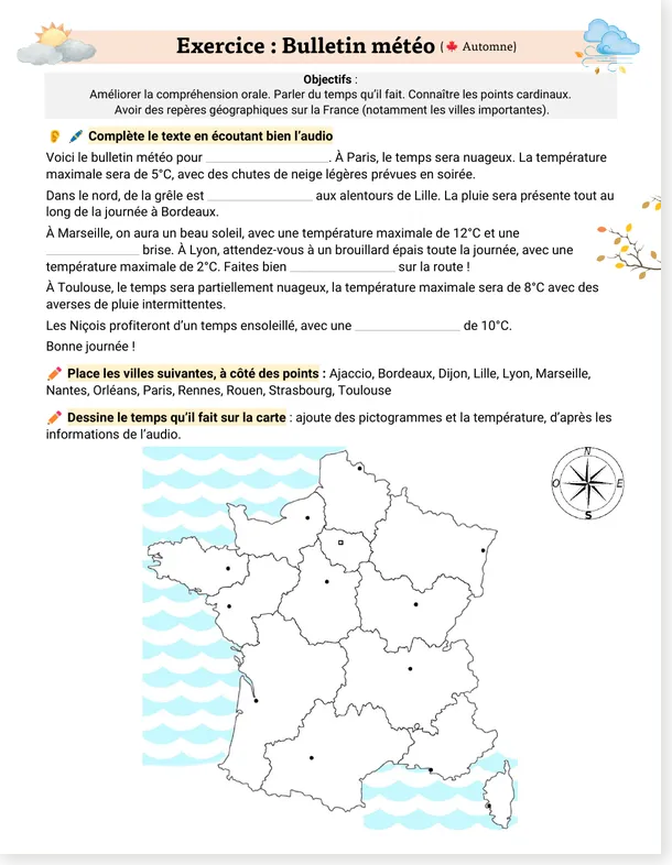 French autumn weather forecast listening worksheet with France map preview