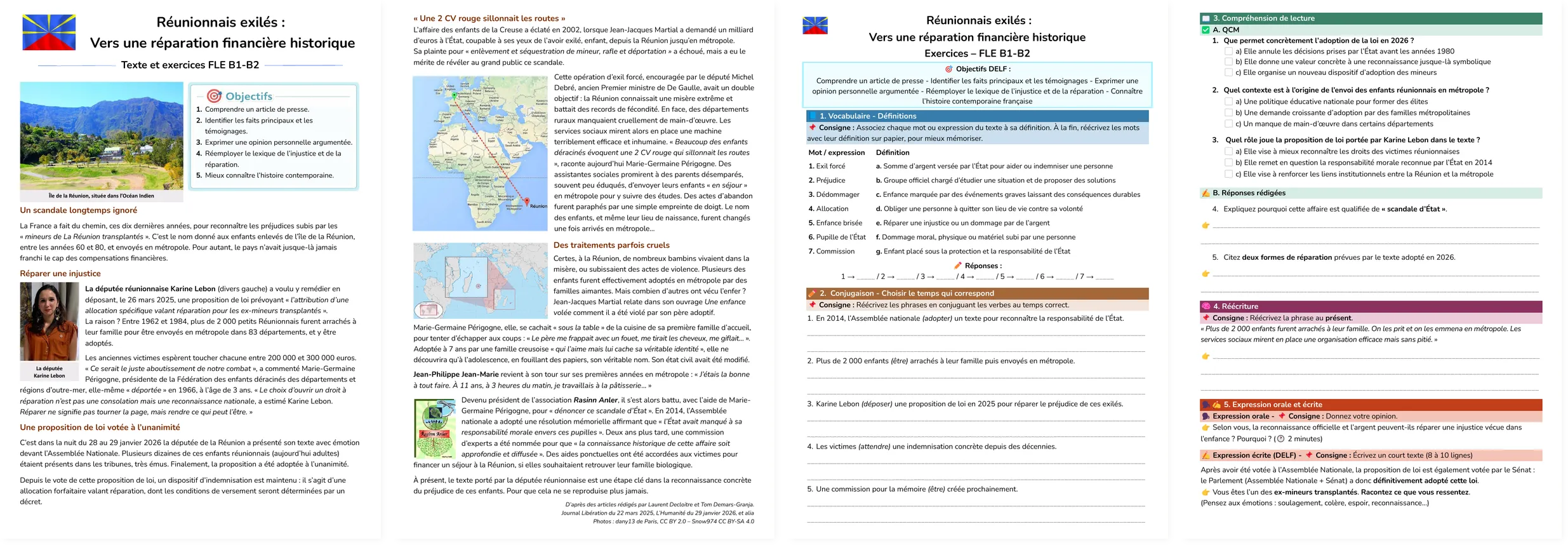 All pages of the French worksheet on the exiled Réunion Islanders: text, exercises and answer key