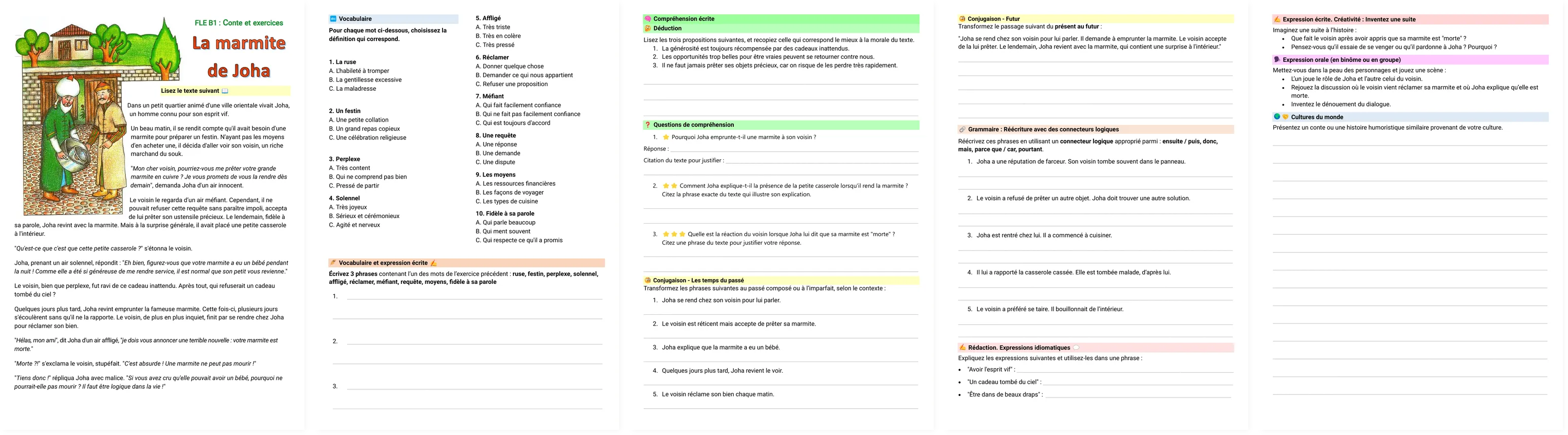 All the pages of the Joha cooking pot worksheet: tale, vocabulary, comprehension, conjugation, grammar and writing