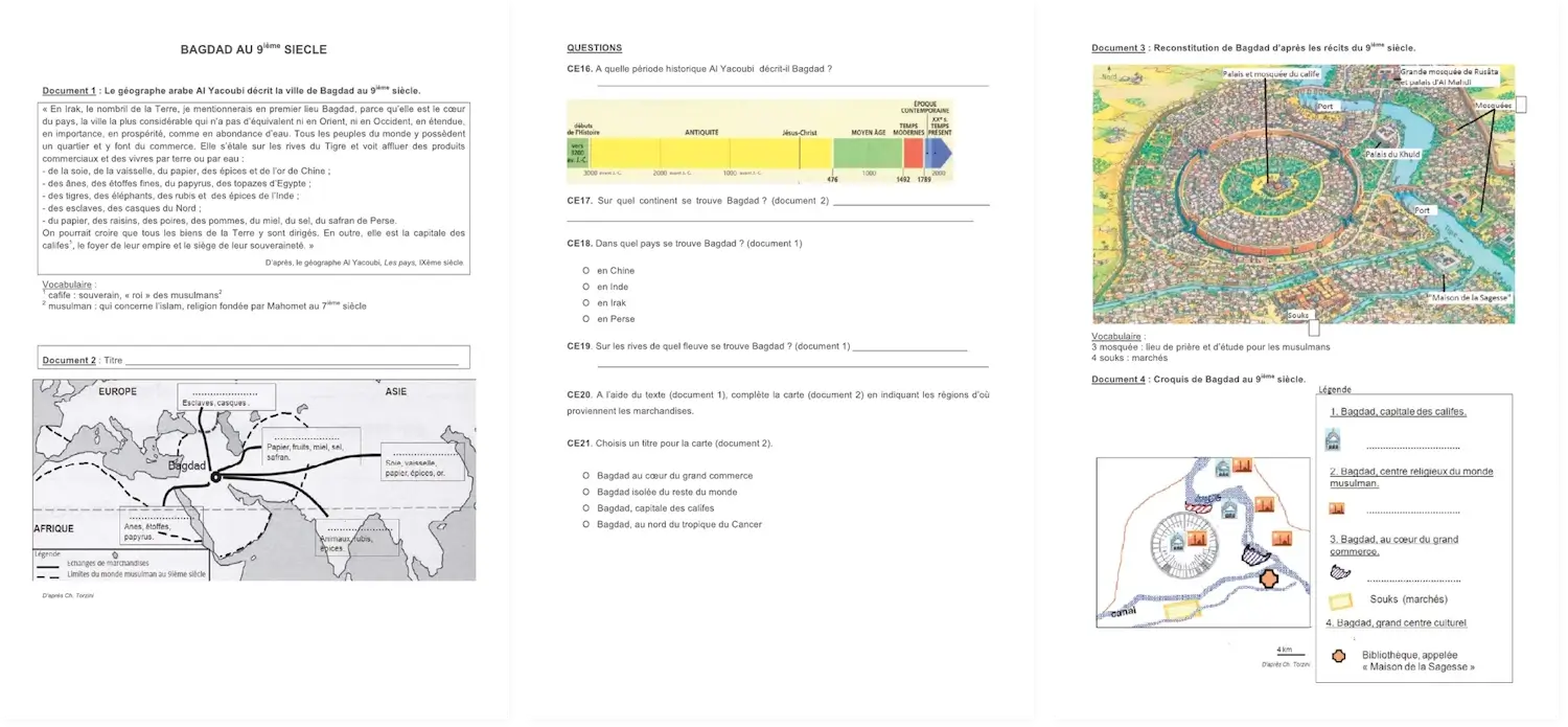 Three pages of the Baghdad in the 9th century worksheet: text, maps, questions and sketch