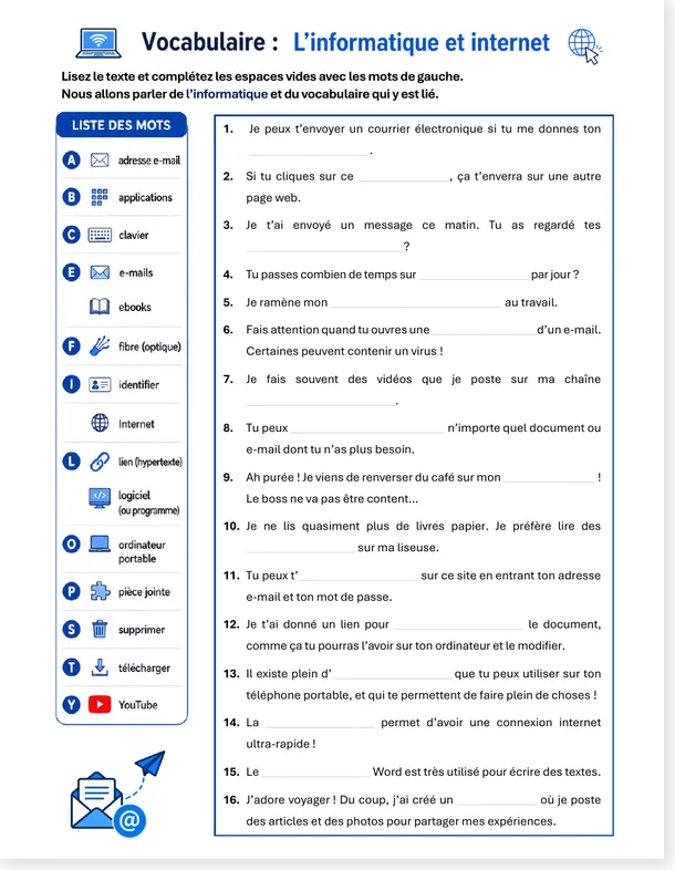Read more about the article French Computer and Internet Vocabulary Worksheet (PDF + DOCX)