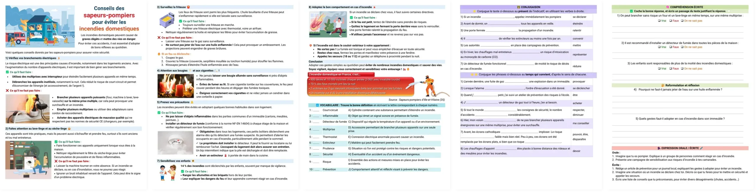 The four pages of the firefighters worksheet: text, exercises and answer key, side by side