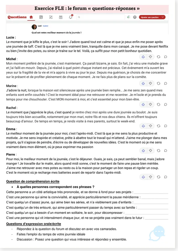 Read more about the article French Forum Reading Worksheet – Favorite Moment of the Day