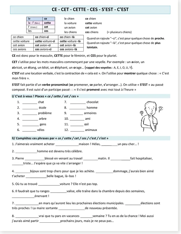 Read more about the article Ce, Cette, Cet, Ces, C’est, S’est – French Worksheet