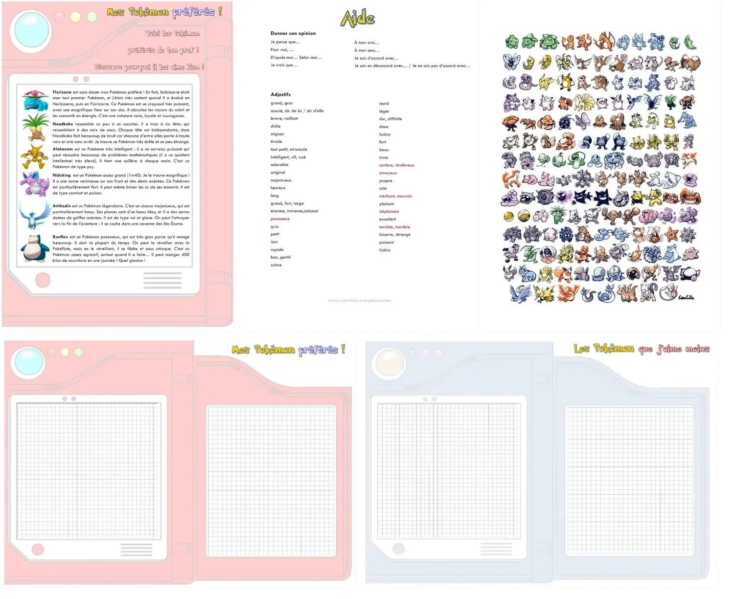 All 5 pages of the French Pokémon activity: model text, help page, Pokémon chart and Pokédex templates
