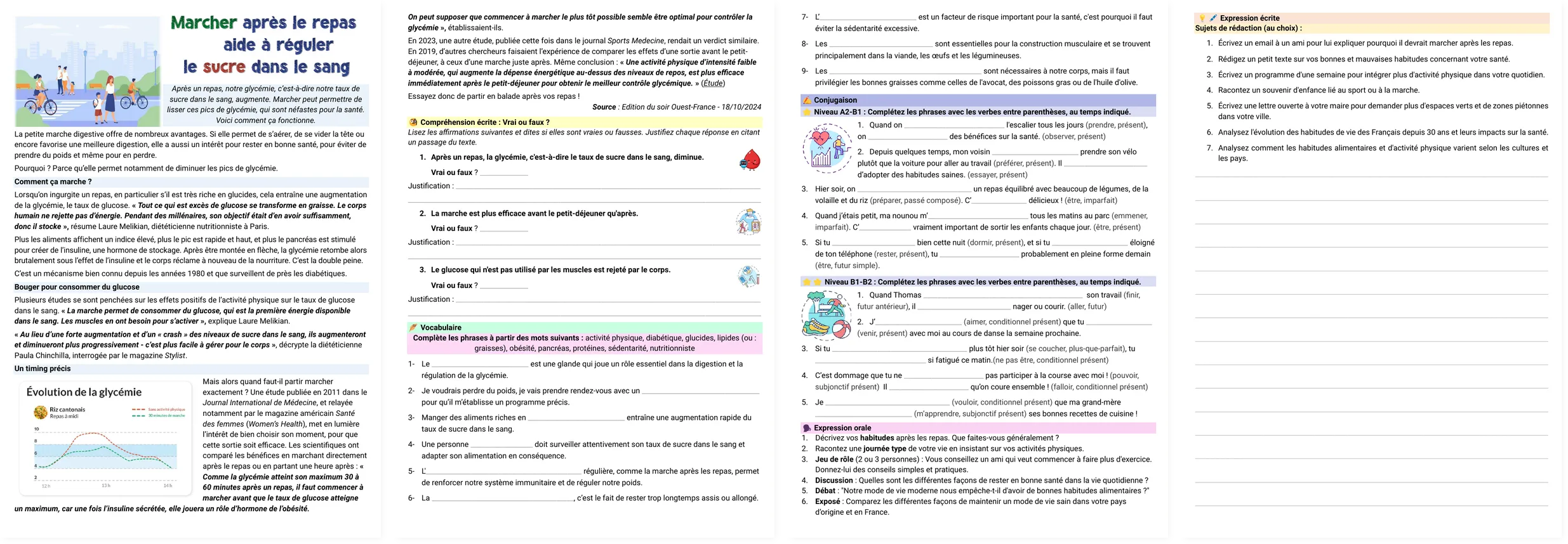 Five-page French reading and exercise pack about walking after meals and blood sugar
