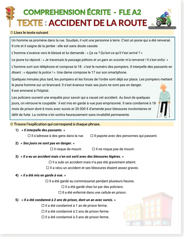 Read more about the article French Reading Worksheet A2 – Road Accident – Free Text + PDF