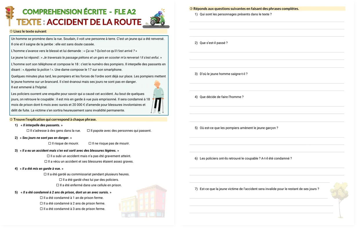 French reading comprehension worksheet about a road accident: text, exercises and answer lines on two pages
