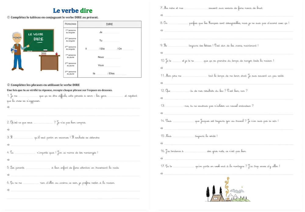 Preview of the cursive version of the verb dire worksheet