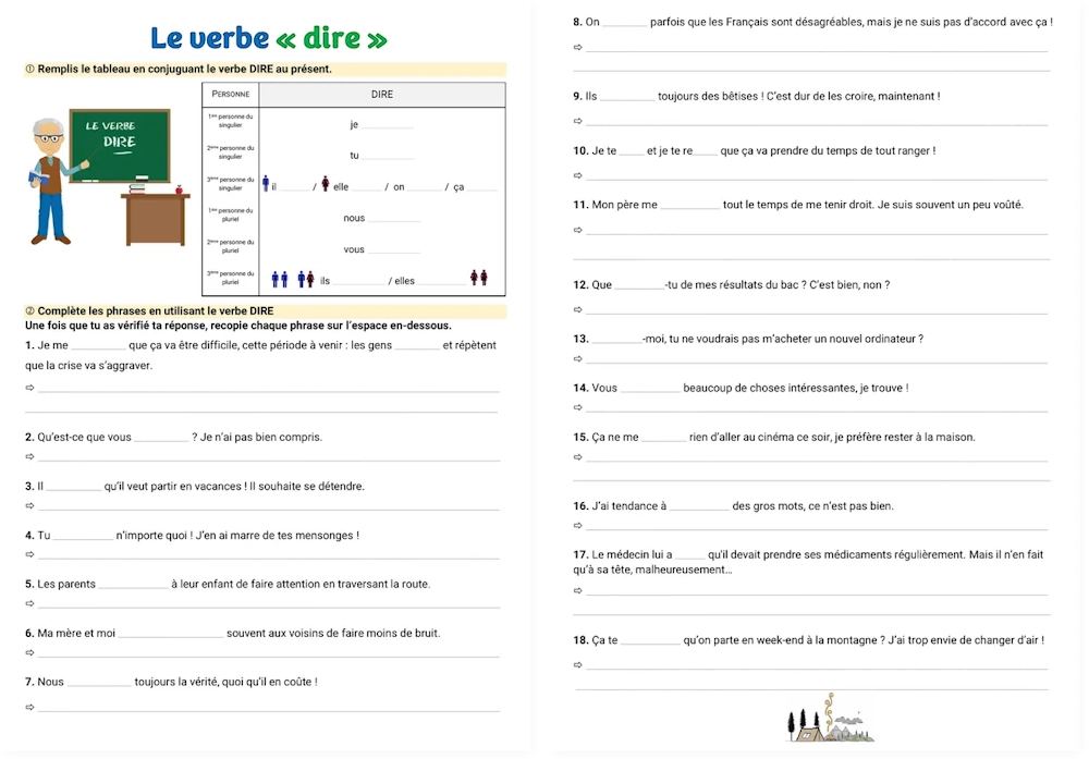 Preview of the script version of the verb dire worksheet