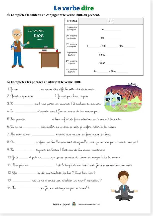 Preview of the free one-page verb dire worksheet