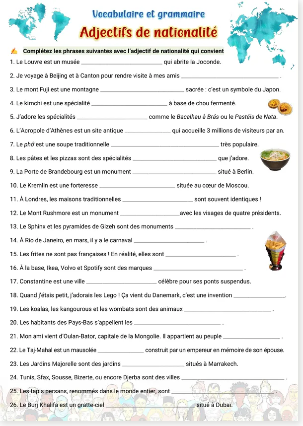 Read more about the article Nationality Adjectives in French – Worksheet, PDF + DOCX