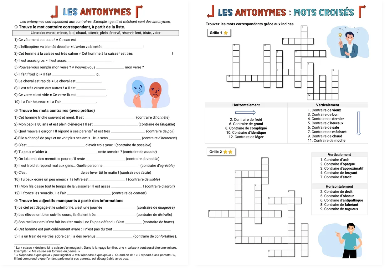 French antonyms worksheet, two pages: exercises on opposites and crosswords with clues
