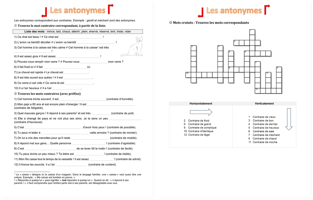 Older version of the French antonyms worksheet: exercises and crossword with answer key