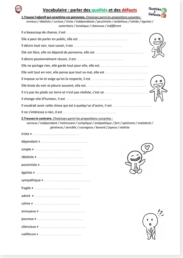 Read more about the article Qualities and Flaws in French – Personality Worksheet
