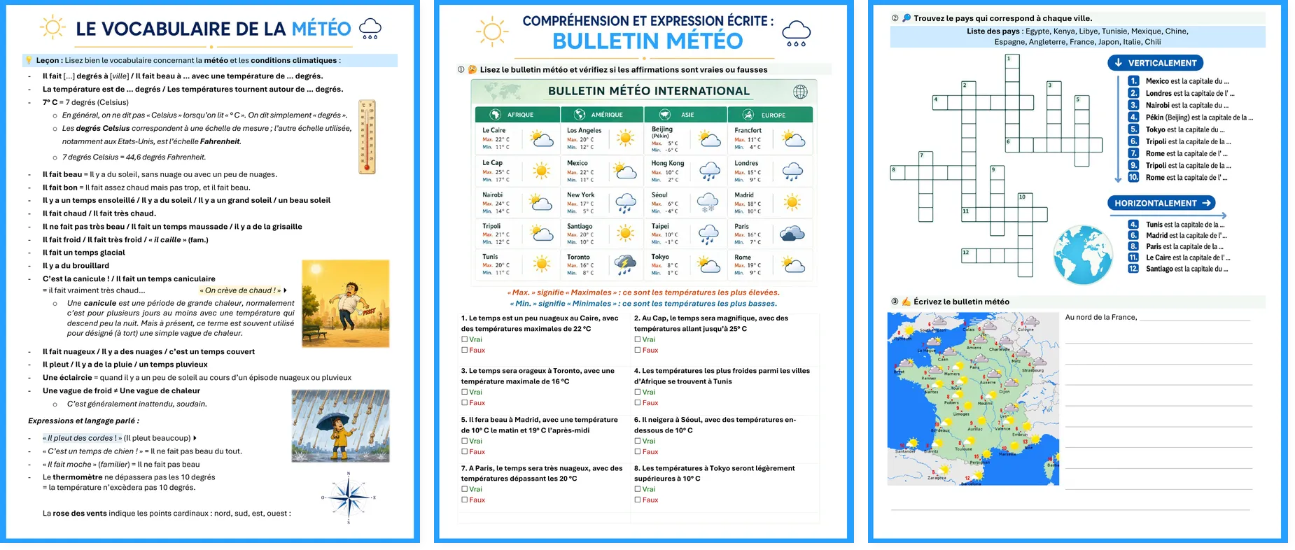 French weather worksheet: the three pages with lesson, forecast, crossword and writing task